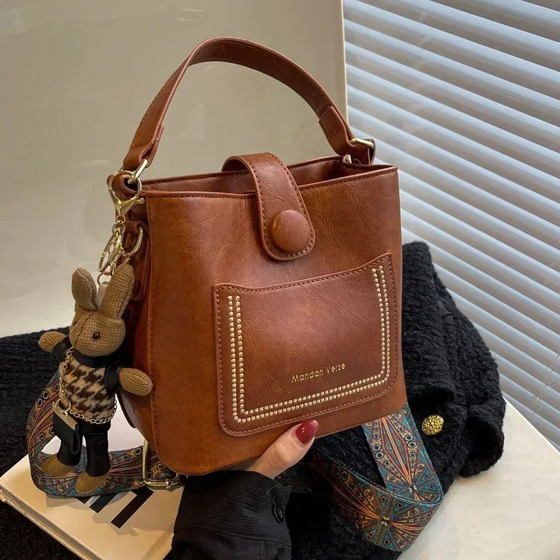 Vintage Simple Small PU Leather Bucket Crossbody Bag for Women 2025 Designer Fashion Lady Luxury Black Shoulder Handbag