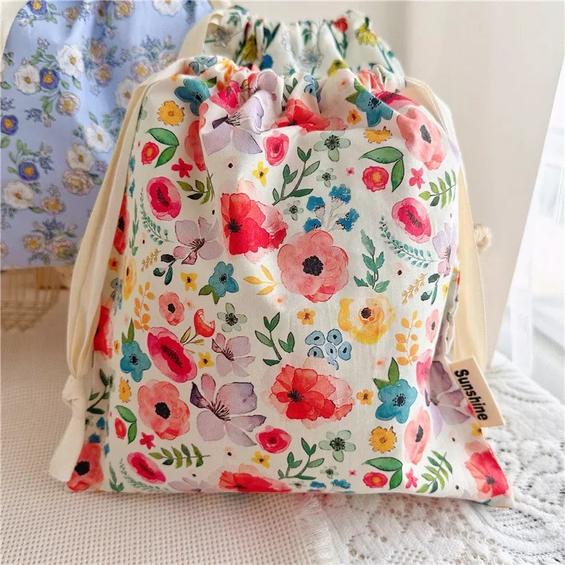 Portable Organizer for Underwear Socks Bra Cotton Makeup Bag Travel Drawstring Bags Ins Flower Print Clothes Cosmetic Bags 2025