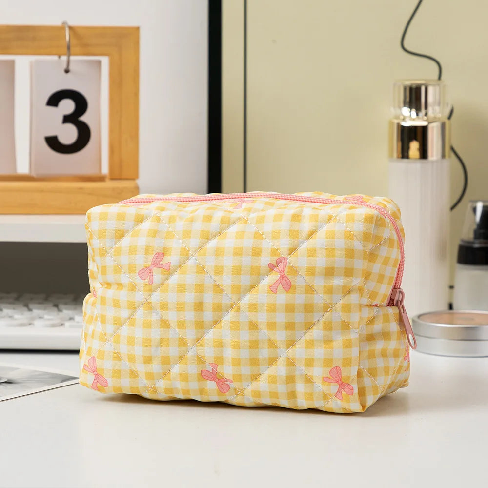 Women's Cosmetic Bags Bow Cute Cotton Makeup Bag Women Zipper Cosmetic Organizer Portable Toiletry Handbag