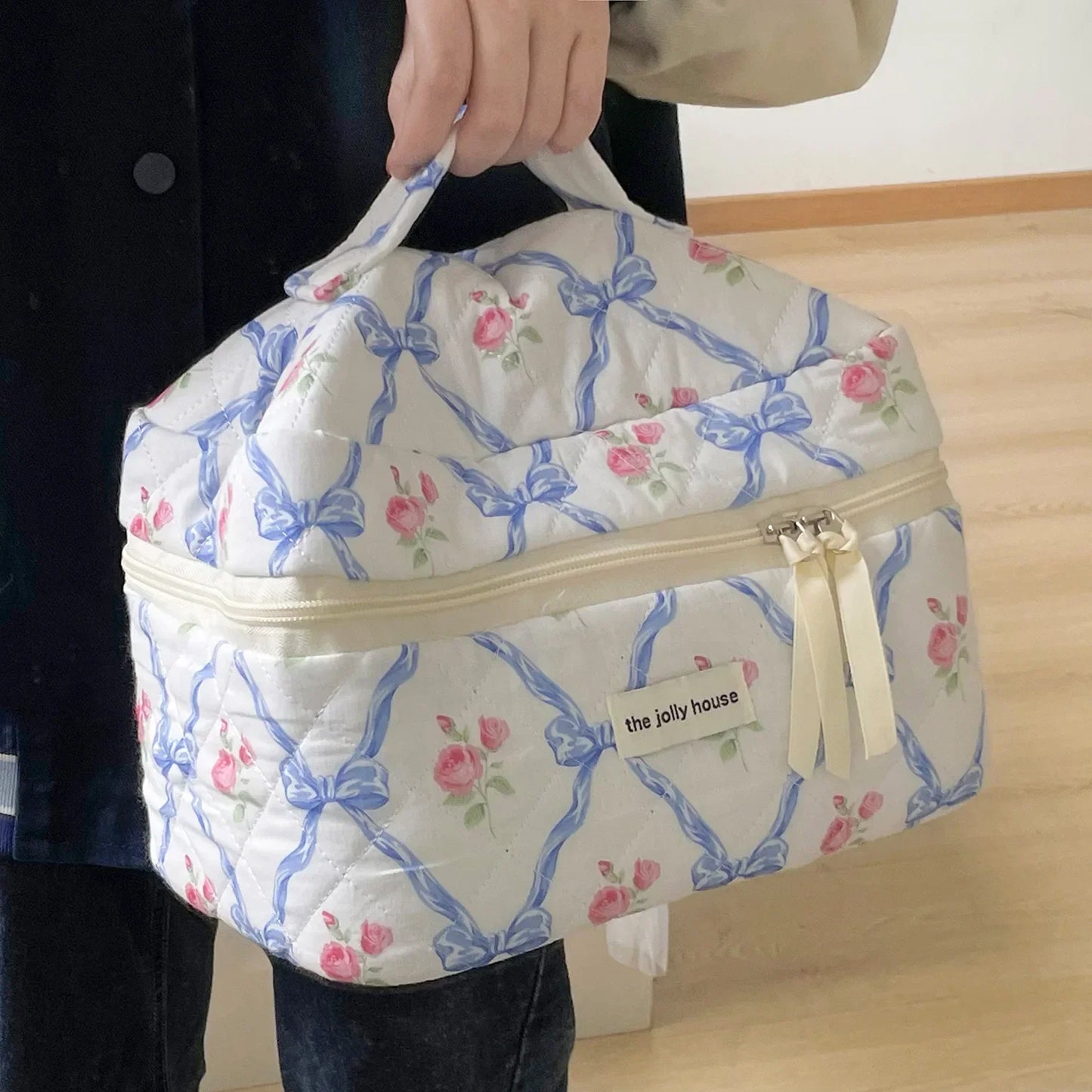 Cute Bow Flower Quilting Cotton Makeup Bag Women Zipper Cosmetic Organizer Female Cloth Handbag Portable Toiletry Case for Girls