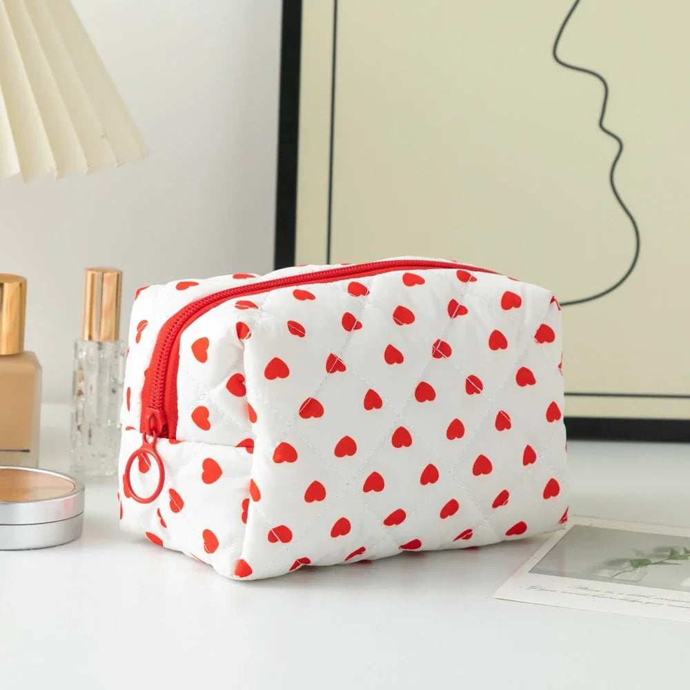 Cute Heart Print Cosmetic Bag Lipstick Brush Storage Bag Travel Toiletry Kit Women Kawaii Makeup Handbags Organizer Pouch Bags