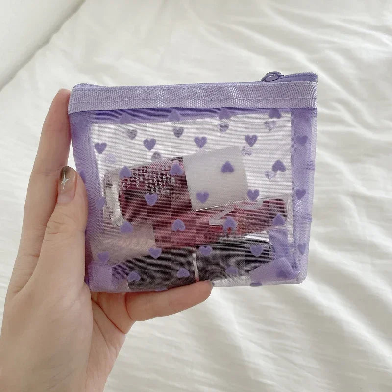 Purple Heart Printed Mesh Transparent Cosmetic Bag Portable Travel Makeup Organizer Toiletry Storage Bag Pouch Card Holder Purse