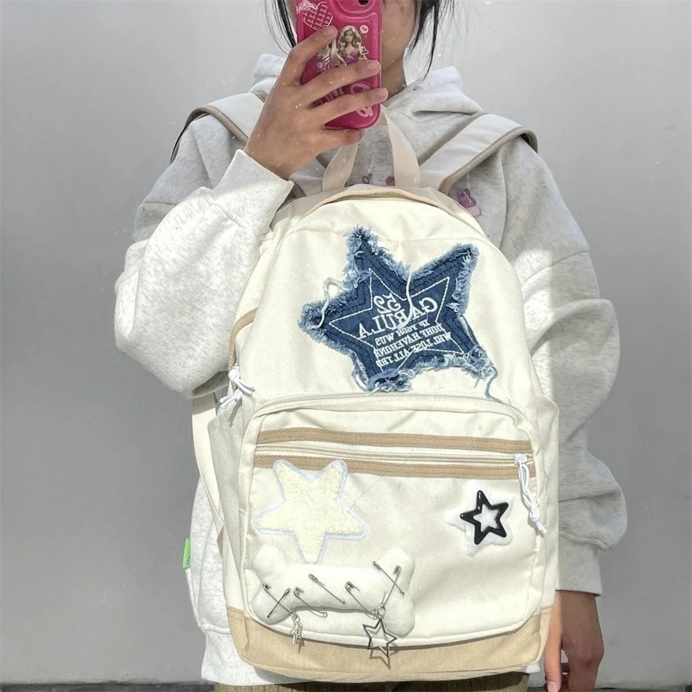 Y2K Kawaii Star Embroidery Canvas Backpack Large Capacity Schoolbag