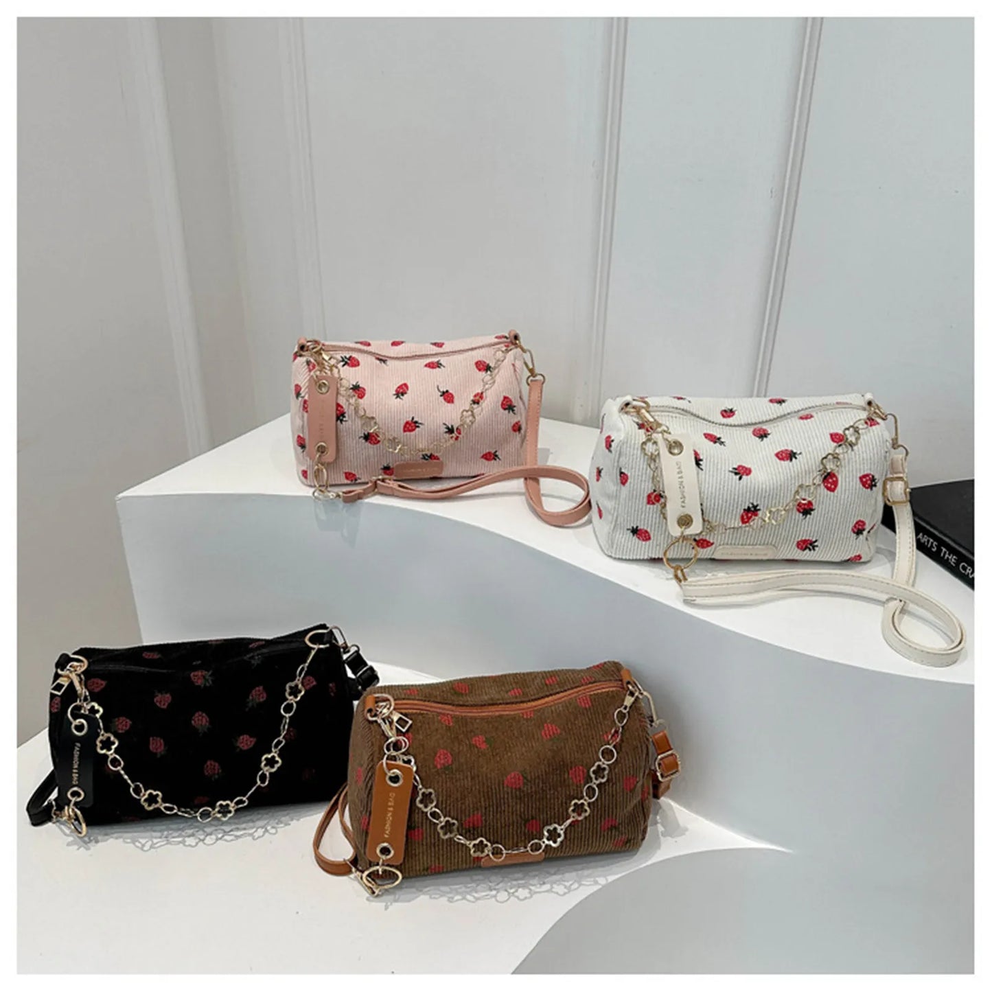 Strawberry Print Corduroy Crossbody Bag - Cute Casual Shoulder Handbag