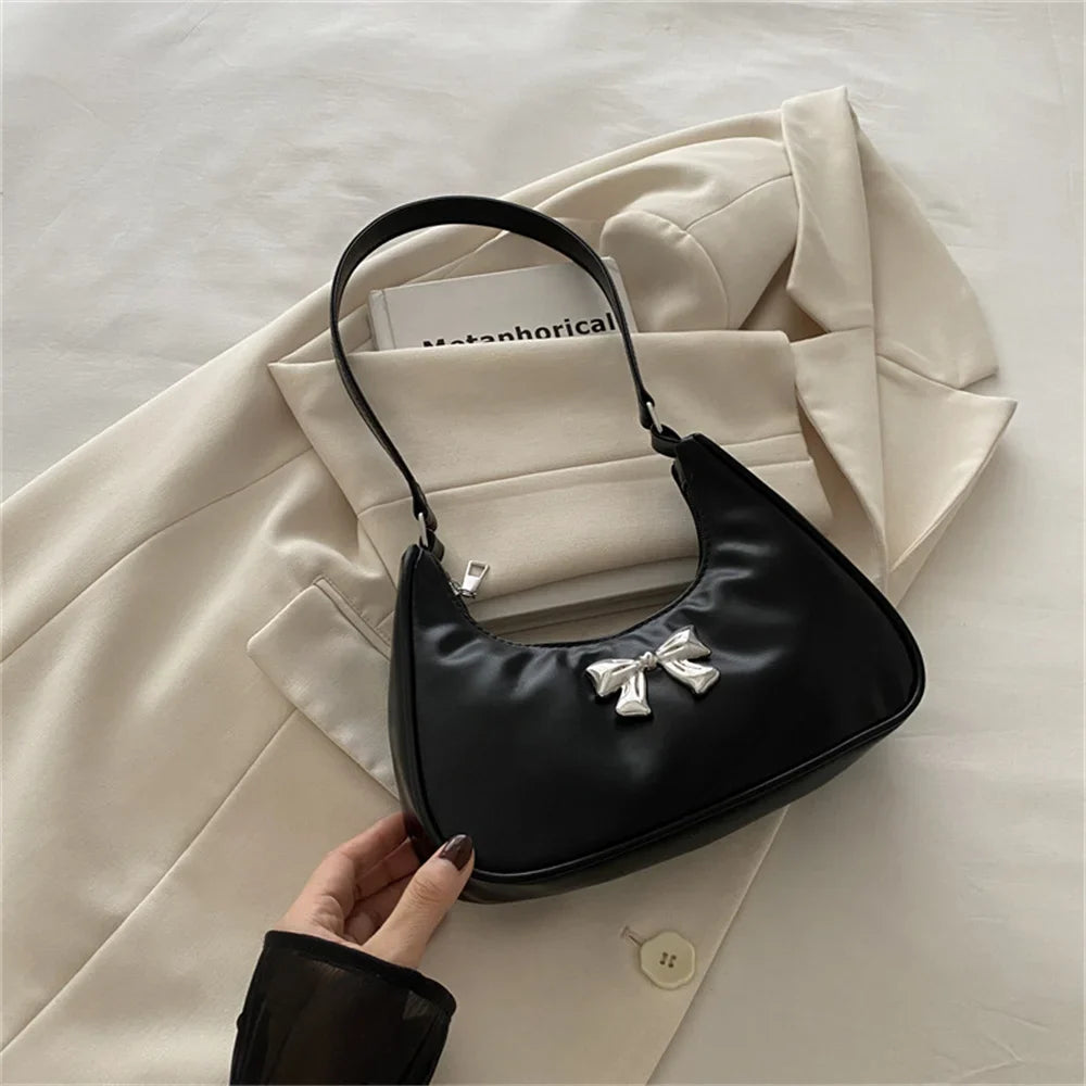 Fashion Bow PU Leather Shoulder Bag - Women's Small Square Hobo Handbag