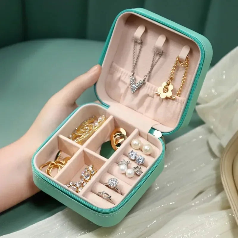 Solid Color Jewelry Organizer Leather Square Small Round Box Ring Earrings Portable Travel Jewelry Storage Lipstick Makeup Bag