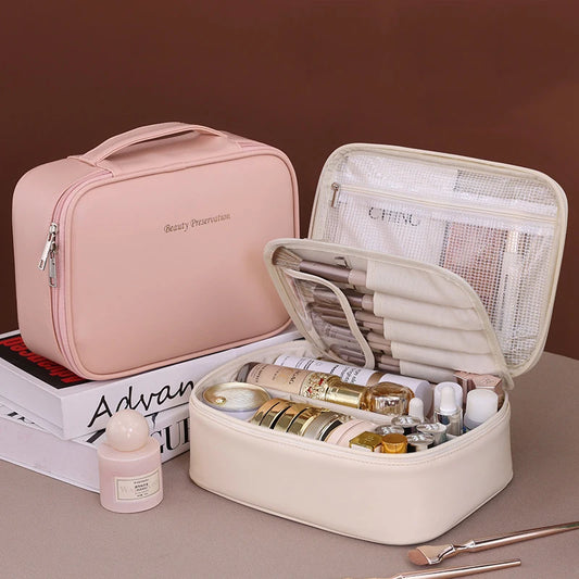 High-Capacity Multifunctional Cosmetic Bag with Makeup Brush Pouch