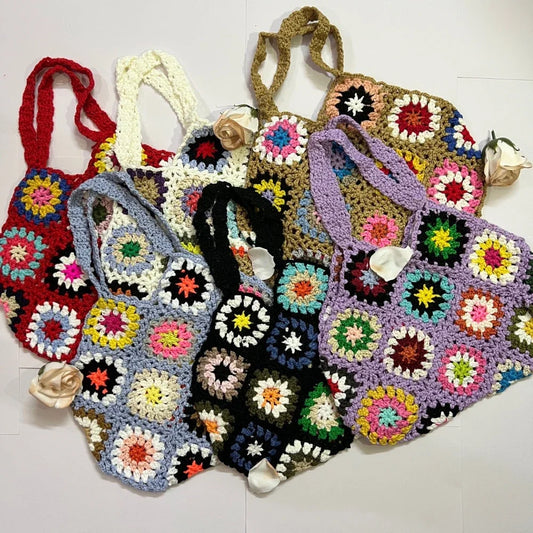 Large Capacity Boho Crochet Tote Bag - Floral Knitted Multicolor Handbag