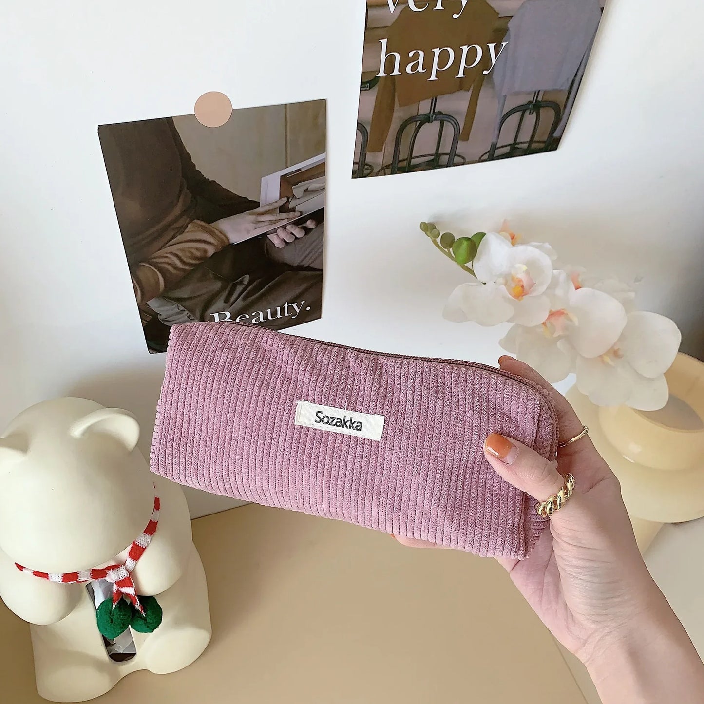 Korean Lady Corduroy Cosmetic Bag Makeup Pouch Small Portable Travel Necesserie Organizer Toiletry Bag Student Cute Pencil Case