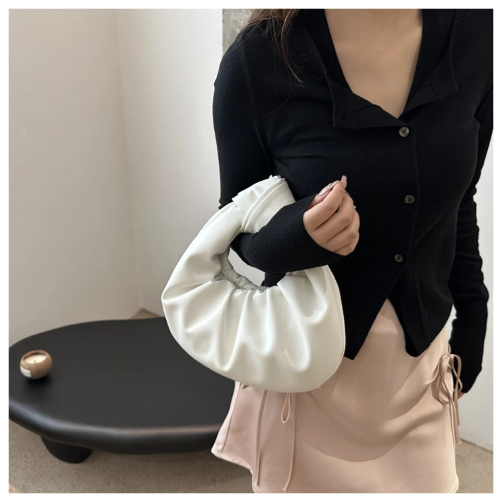 Women Pleated Clutch Bag Solid Color PU Leather Knot Wrist Bag Top Handle Handbag Fashion Simple Ladies Ruched Phone Pouch Purse