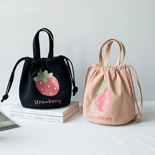 Strawberry Canvas Drawstring Lunch Bag Tote