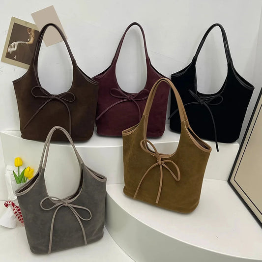 Women's Suede Shoulder Bag - Large Capacity Hobo with Bow Tie & Magnetic Buckle