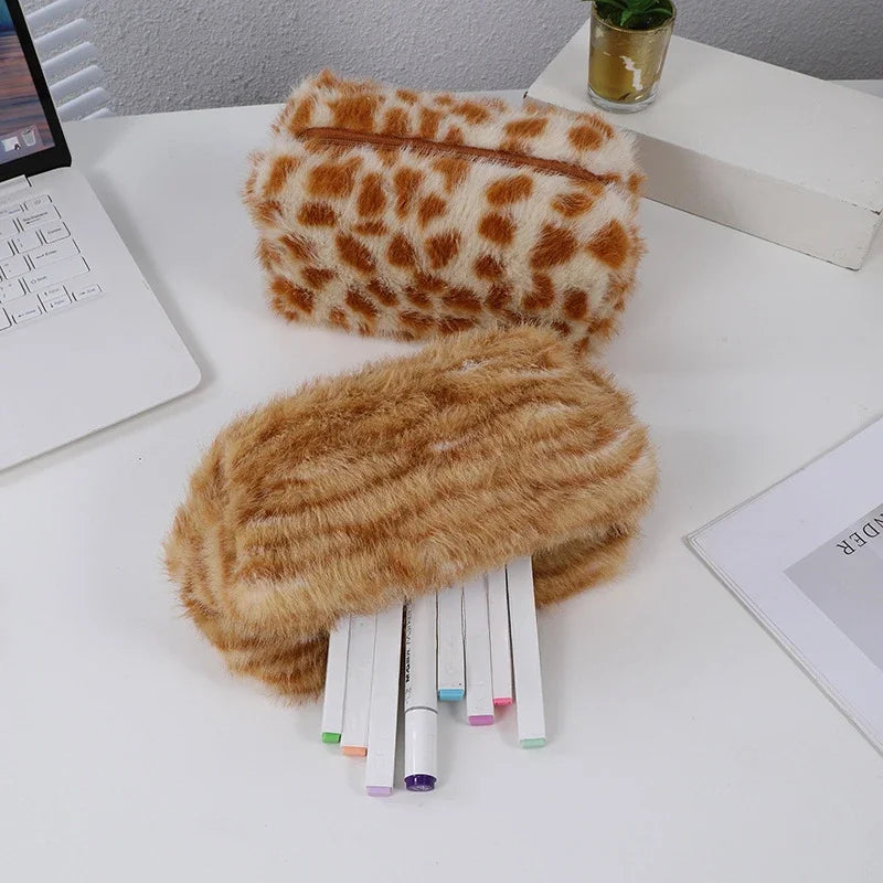 Leopard Print Soft Plush Travel Cosmetic Bag Lipstick Brush Toiletry Kit Storage Bag Women Makeup Handbags Organizer Pouch Bag