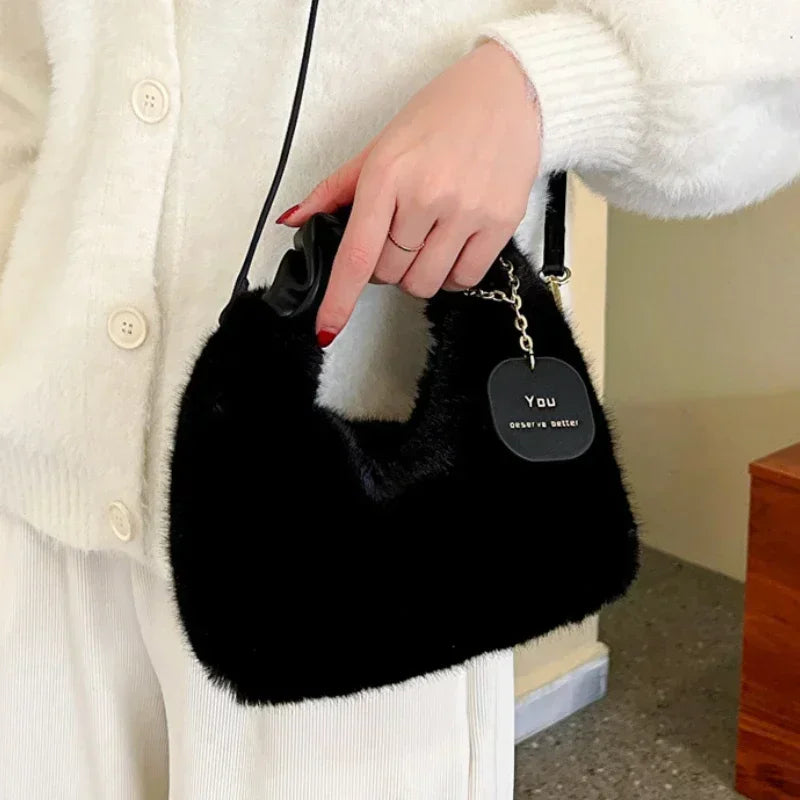 Women Faux Fur Plush Handbags Ruched Handle Small Lady Shoulder Crossbody Bag Casual Tote Half-Moon Hobos Winter Bags for Women