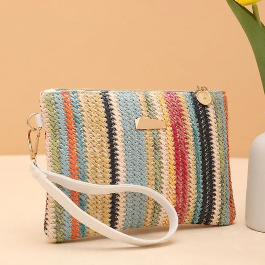 Rattan Knitting Women Straw Bags Fashion Colorful Summer Beach Clutch Bag Female Woven Wristlet Bag Wallet Money Coin Purse