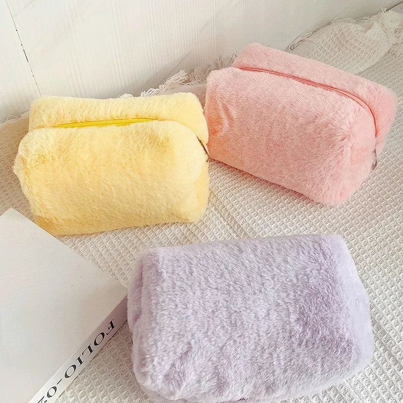 Zipper Large Solid Color Cosmetic Bag Cute Plush Makeup Bag for Women Travel Make Up Toiletry Bag Washing Pouch Plush Pen Pouch