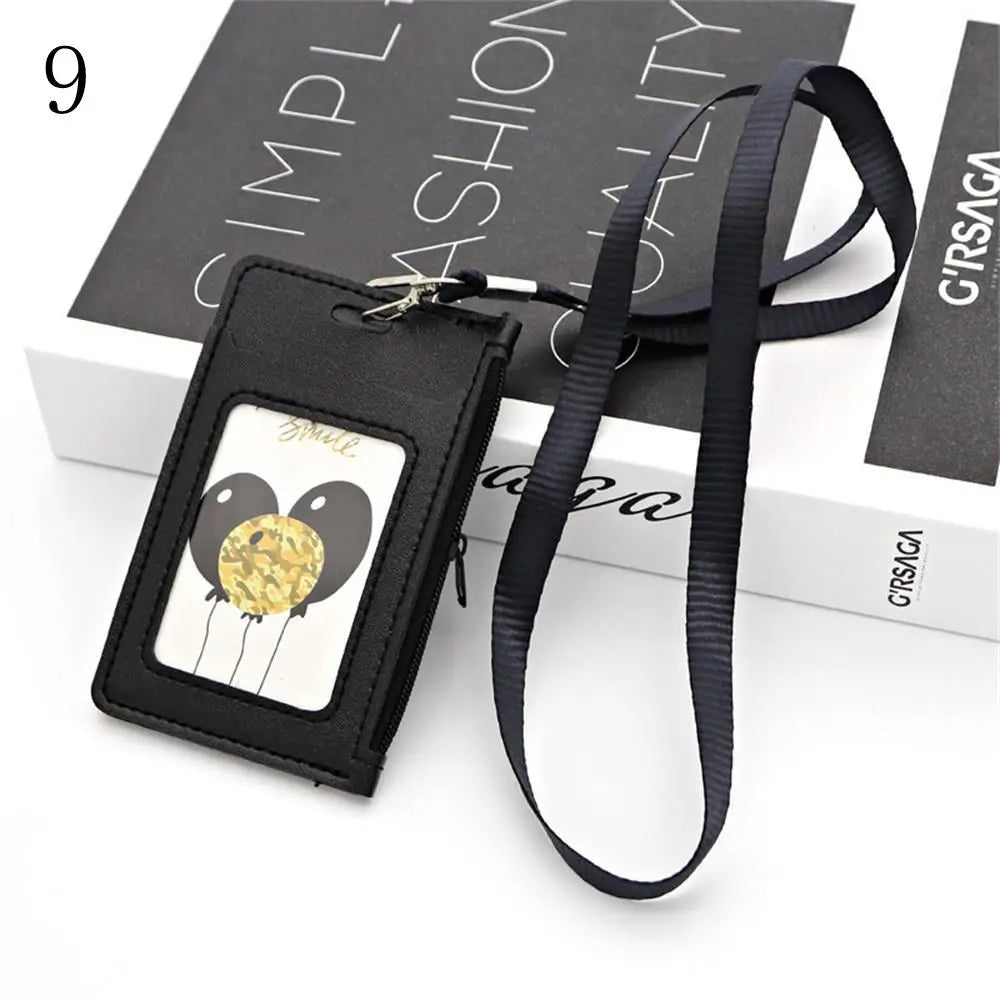 Fashion ID Badge Card Holder Colorful Leather Business Card Case Cover with Neck Lanyard Coin Purse Zipper Bag Wallets