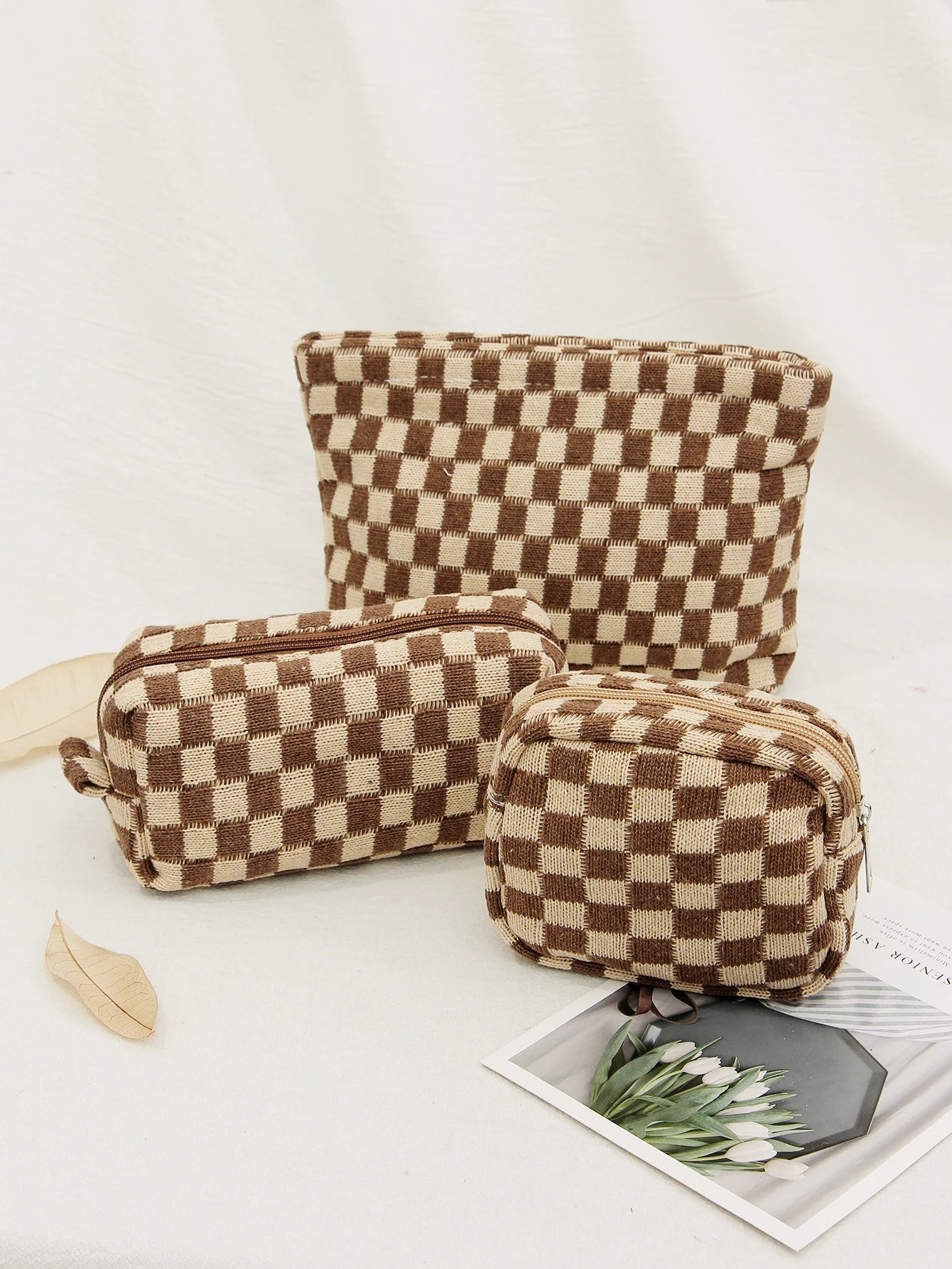 Checkerboard Cosmetic Bag Knitted Toiletry Storage Bag Colorful Makeup Pouch Organizer Checkered Pattern Cosmetic Bag