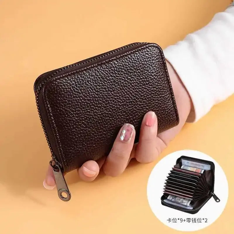 Multi Slot Card Holder Vintage Small Wallet Women Men Business Bank Credit Card Bag Male Coin Pouch Solid Leather Zipper Wallet