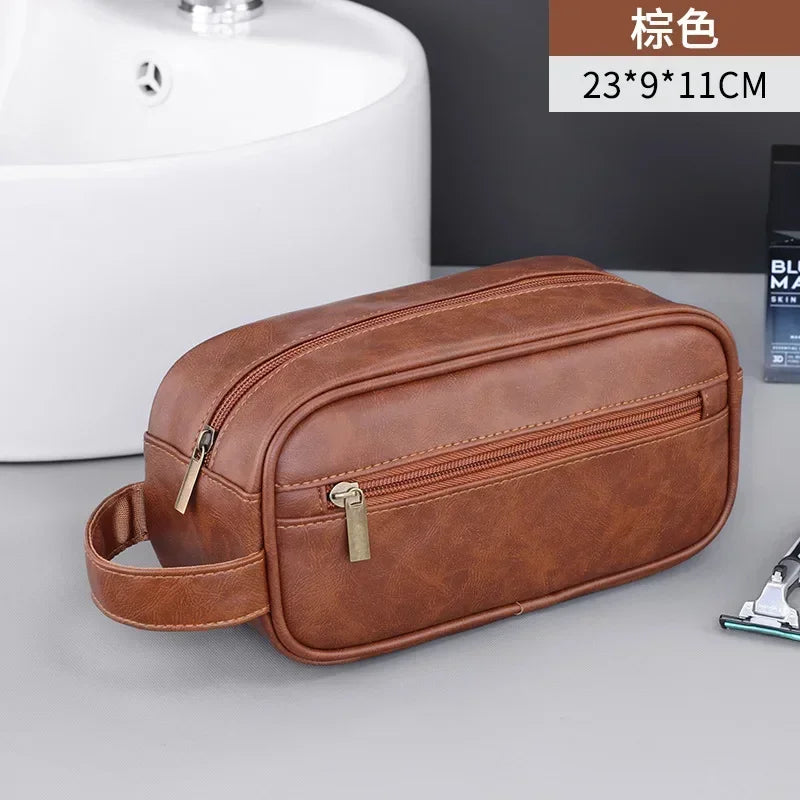 Men Leather Wash Bag Travel Business Trips Portable Cosmetic Bag Large Capacity Multi Pocket Design Handheld Leather Wash Bag