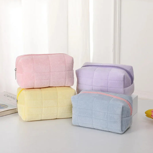 Solid Plush Cosmetic Storage Bag Large Women Zipper Makeup Organizer Handbag Stationery Pencil Case Travel Make Up Toiletry Bag