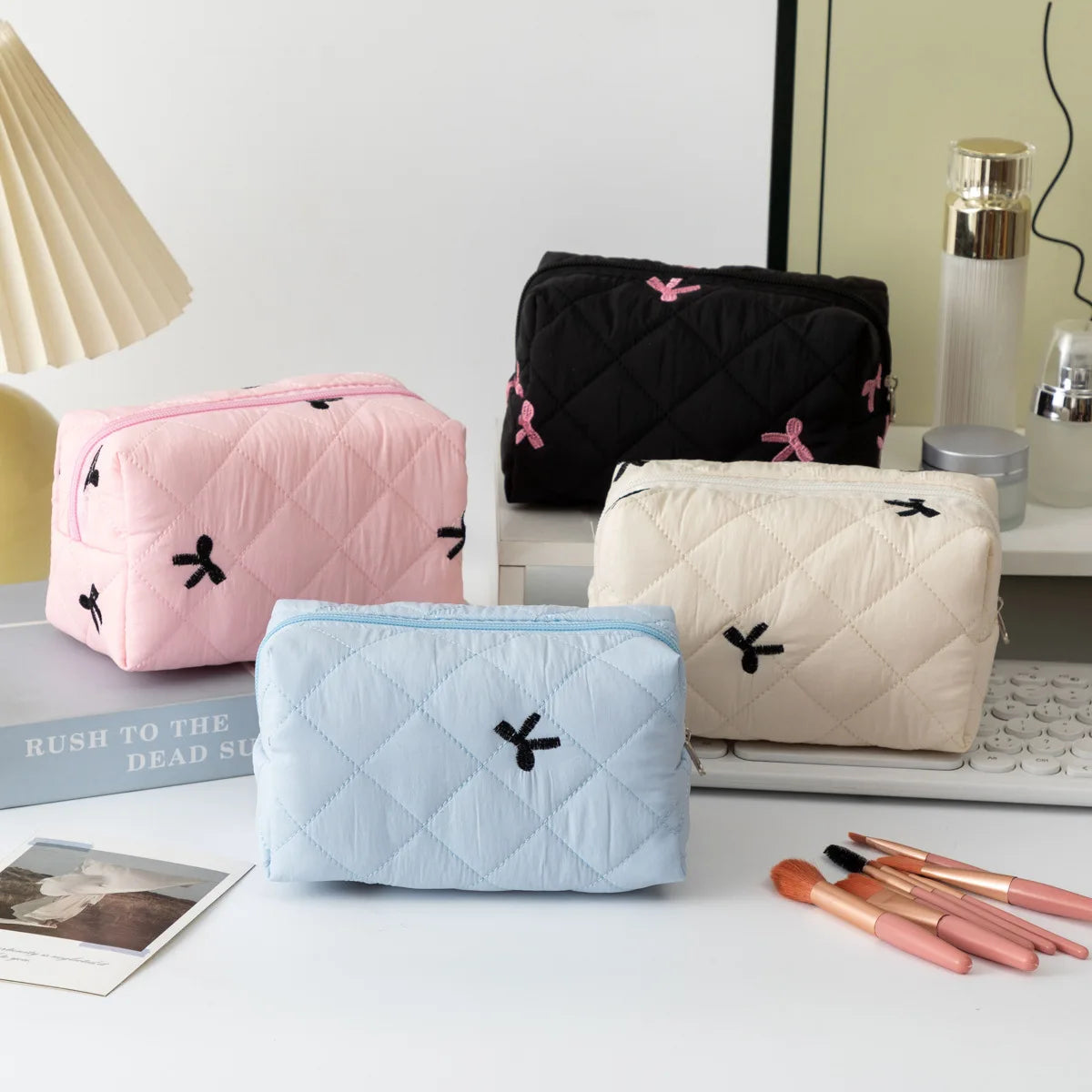 Fashion Bow Floral Makeup Bag Large Capacity Portable Cosmetic Storage Bag Cotton Makeup Wash Bag Cosmetic Organizer Pouch