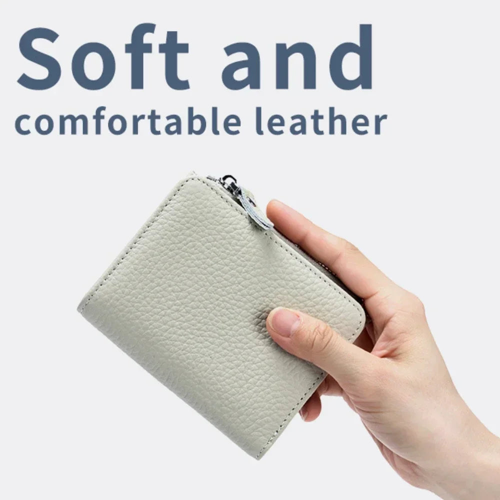 Genuine Leather RFID Short Wallets Card Holder Bag Portable Cowhide Small Zipper Money Coin Purse for Men Women Earphone Pouch