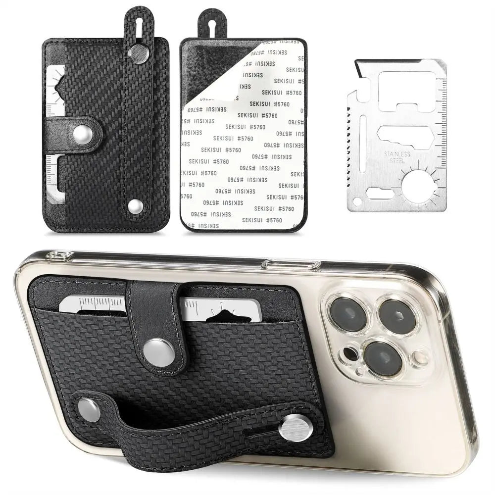 PU Leather Phone Card Bag Multifunctional Adhesive Back Sticker Phone Stand Holder Phone Protective Sleeve Bracket Wallet