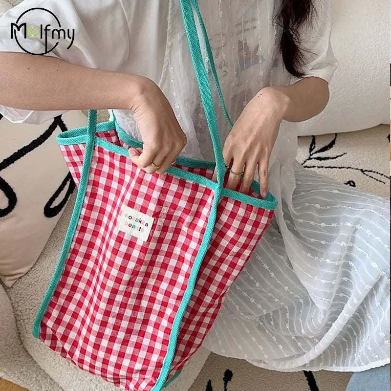 Plaid Canvas Tote Bag - Large Capacity Vintage Shoulder Handbag