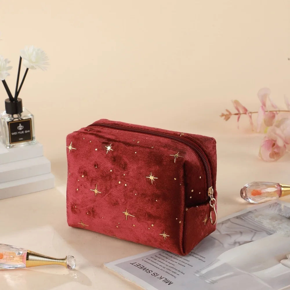 High Quality Portable Cosmetic Bag Soft Velvet Hot Stamping Star Pattern Make Up Storage Bag with Zipper Beauty Case Pouch