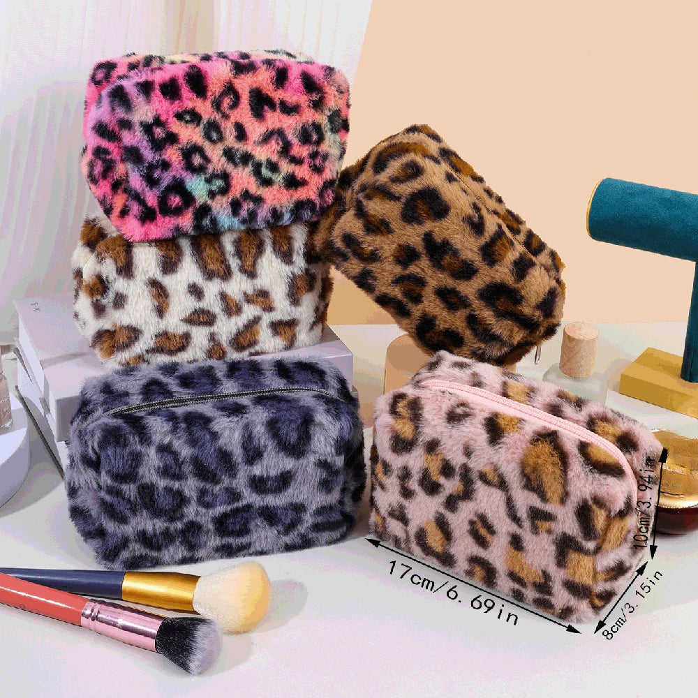 Leopard Print Makeup Bags for Women Plush Travel Cosmetic Bag Organizer Case Lady Girls Make Up Case Necessaries Handbags Case