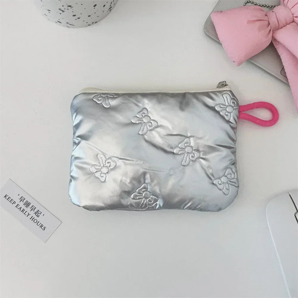 Waterproof Silver Love Bow Pattern Cute Coin Purse Small Clutch Coin Wallet Lady Girls Earphone Coin Key Money Storage Bag Pouch