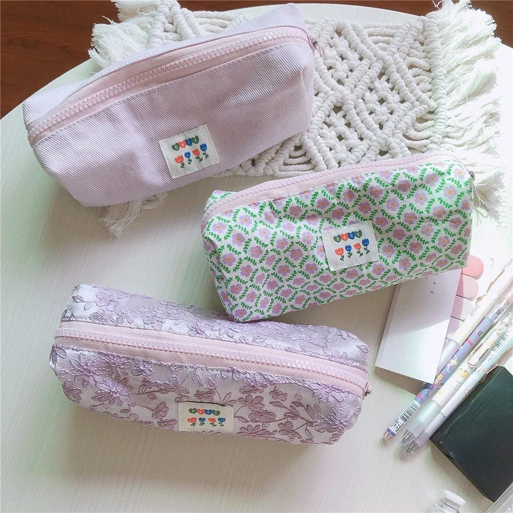 Korean Small Floral Cosmetic Bag For Women Mini Cute Makeup Cotton Fabric Toiletry Bag Pencil Case Organizer Pouch For Brushes