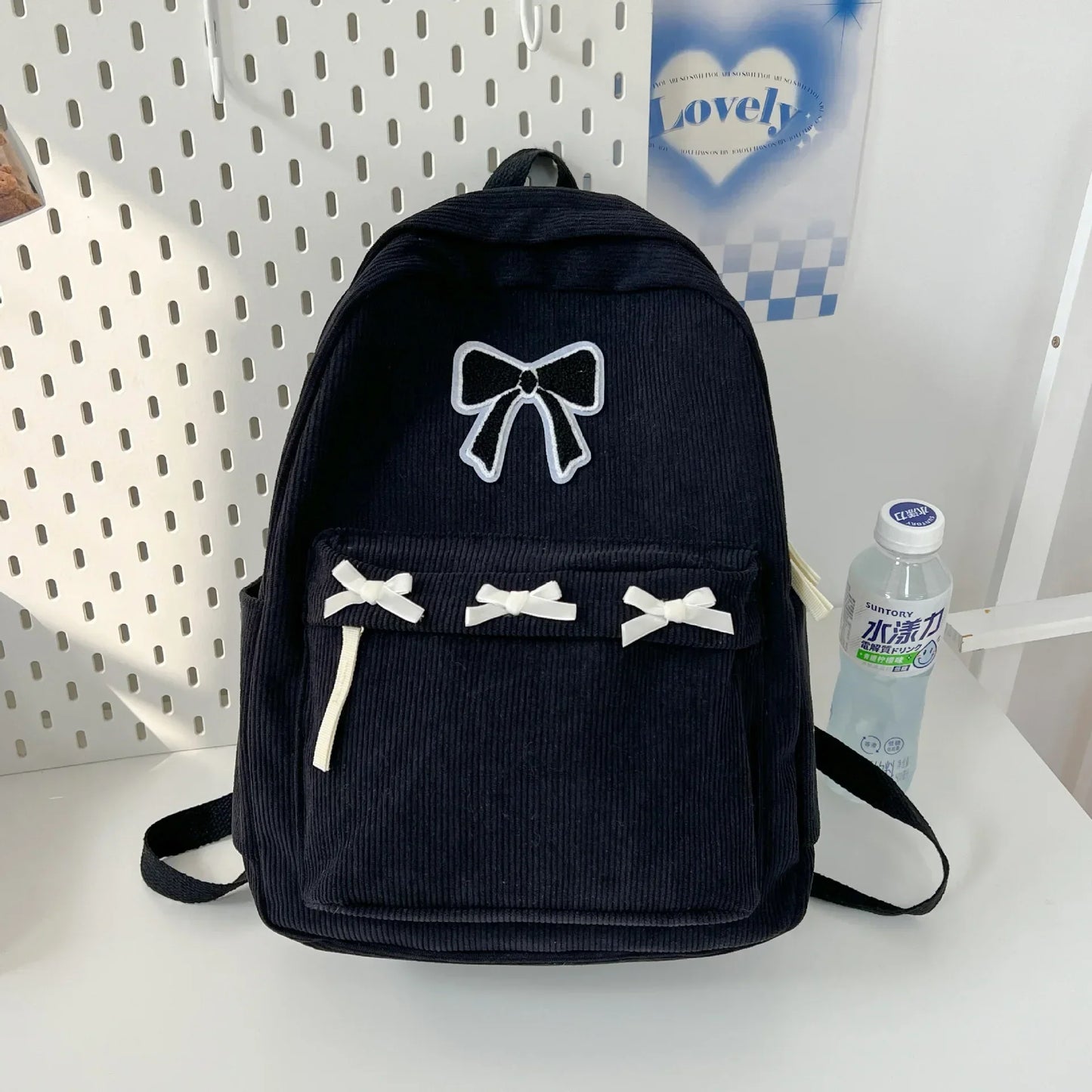 Cute Bowknot Corduroy Backpack for Girls and Women - Lightweight School Bookbag