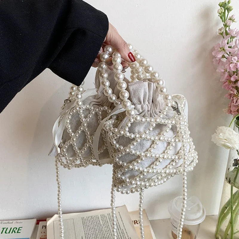 Women Pearl Bag Small Mini Tote Bucket Bag Woven Crossbody Hand Bags for Women Coin Purse Wallet Handbag Ladies Shoulder Bags