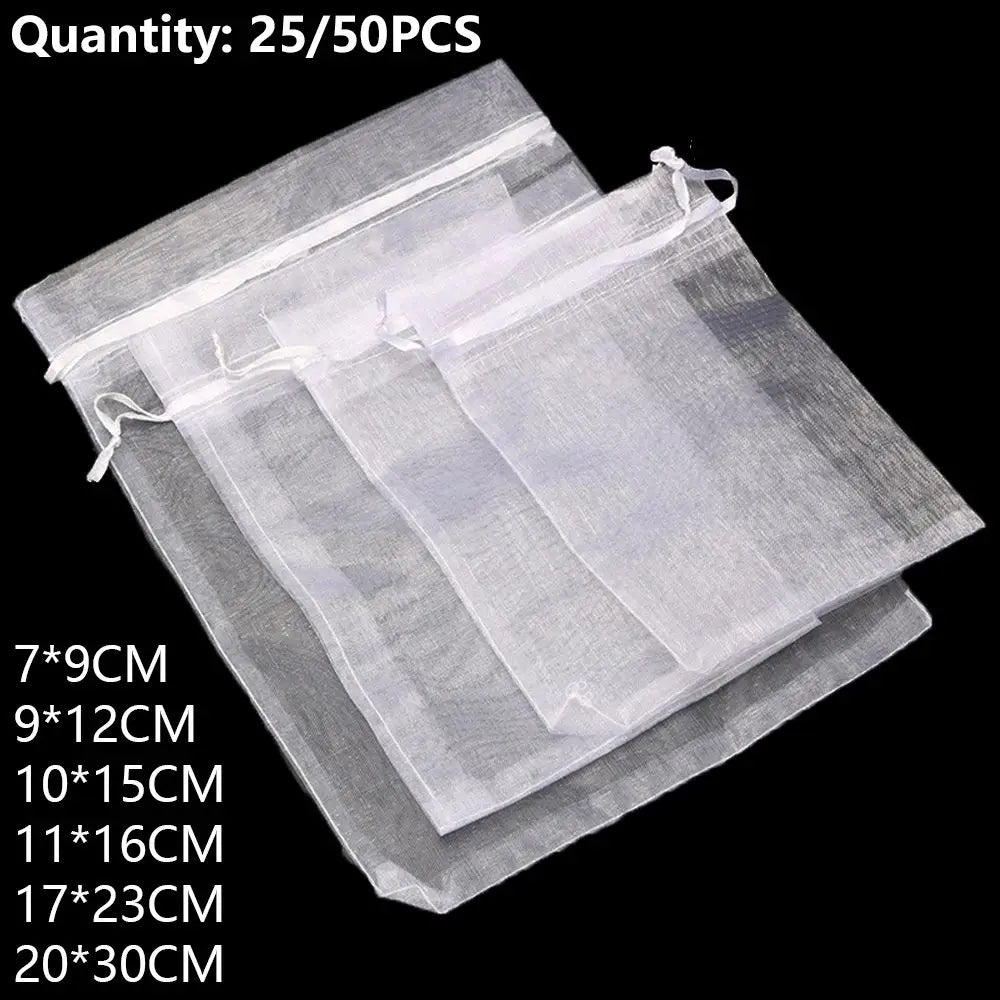 25/50PCS Drawable Christmas Favor Jewelry Packing Drawstring Pocket Gift Bags Organza Gauze Sachet White Pouches