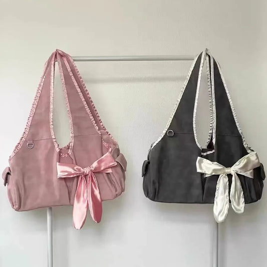 Harajuku Large Capacity Tote Bag Women Aesthetic Ribbon Bow Chic Handbag Vintage Shoulder Bag