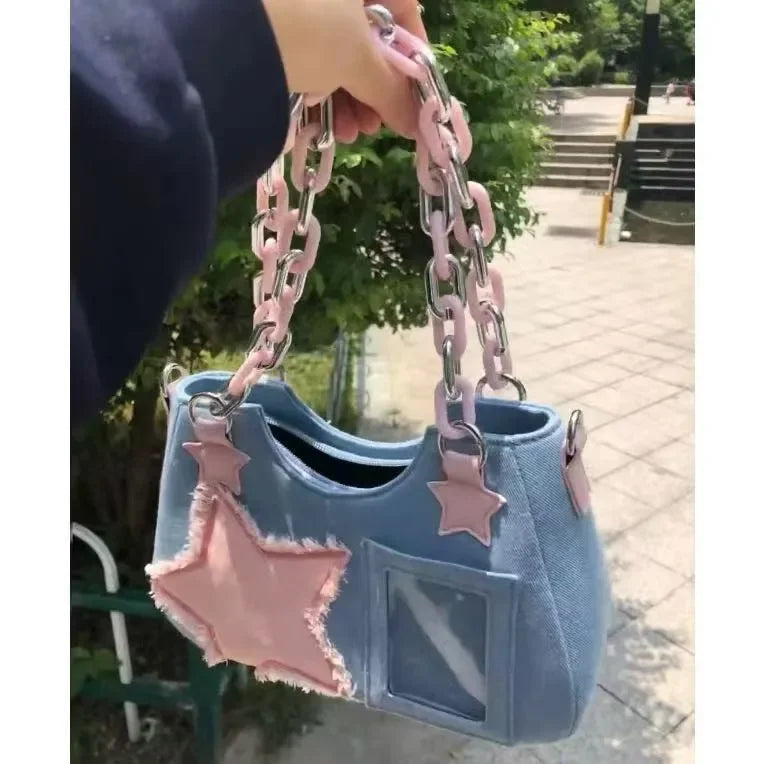 Fashion Denim Chain Shoulder Bag Handbag Purse Luxury Square Tote