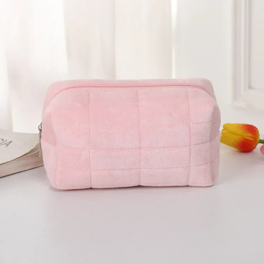 Solid Plush Cosmetic Storage Bag Large Women Zipper Makeup Organizer Handbag Stationery Pencil Case Travel Make Up Toiletry Bag