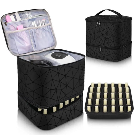 30 Grids Nylon Makeup Bag Double Layer Handbag Nail Case Travel Cosmetic Organizer