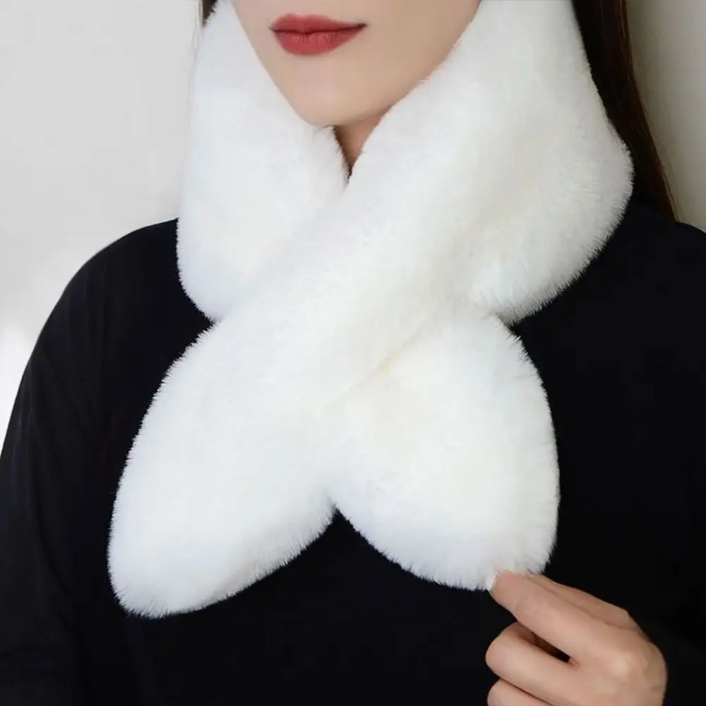 Women Girls Solid Color Cross Scarf Faux Rabbit Fur Plush Neck Scarf Thicken Shawl Neckerchief Wrap Winter Warm Neck Warmer