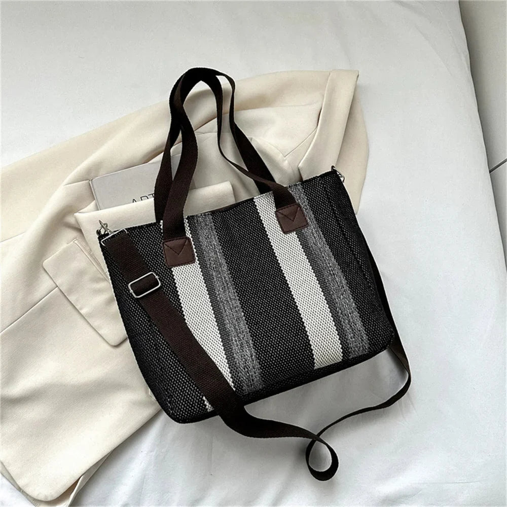 Women's Striped Canvas Shoulder Bag - Large Capacity Crossbody Tote