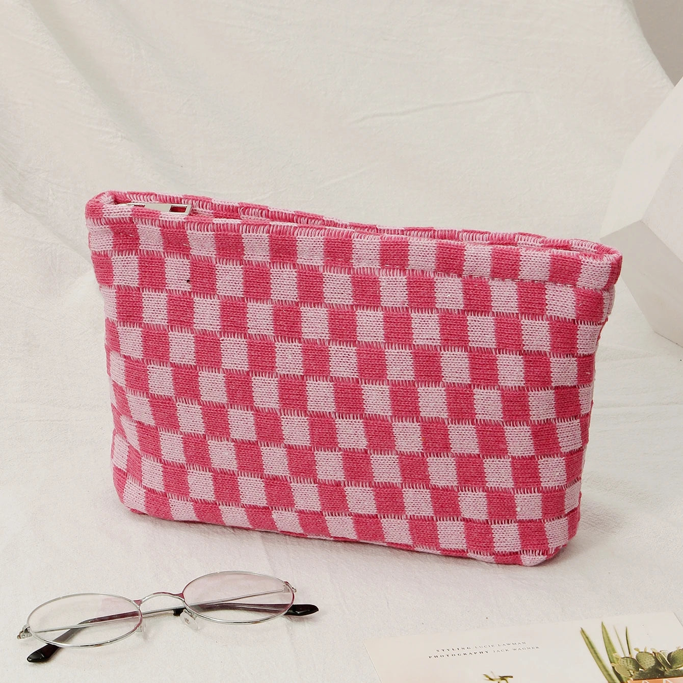 Checkerboard Cosmetic Bag Knitted Toiletry Storage Bag Colorful Makeup Pouch Organizer Checkered Pattern Cosmetic Bag