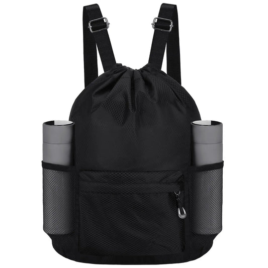 Waterproof Drawstring Backpack with Bottle Holder and Pockets