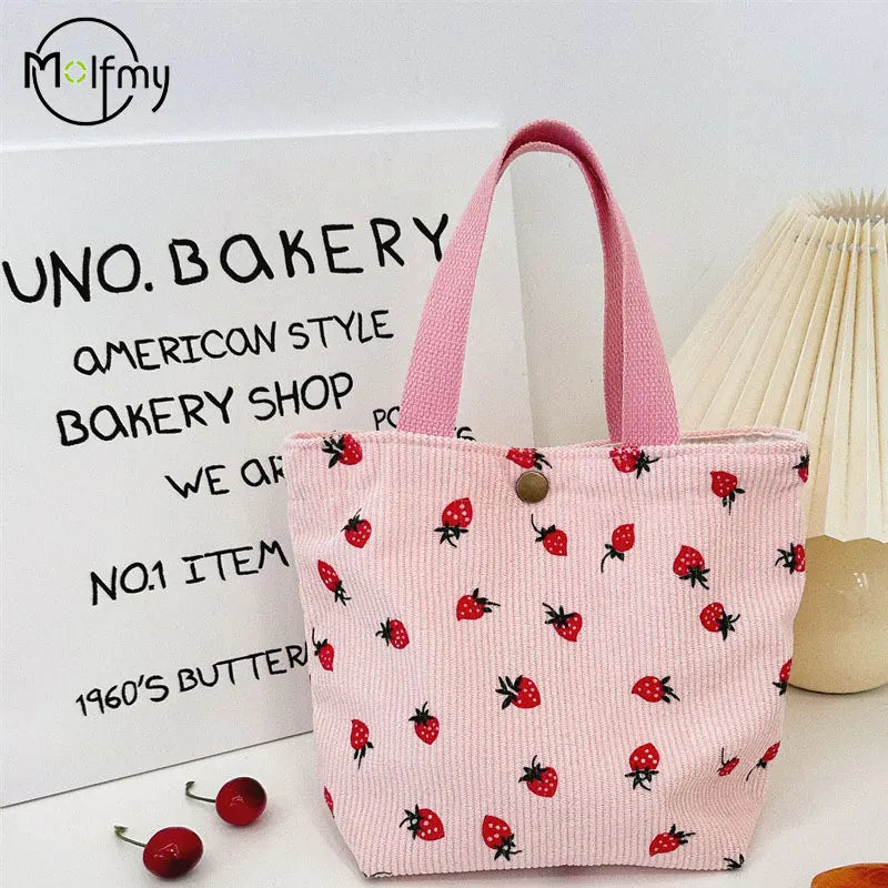 Strawberry Corduroy Women's Shoulder Bag - Cosmetic, Lunch, Travel, Portable Handbag