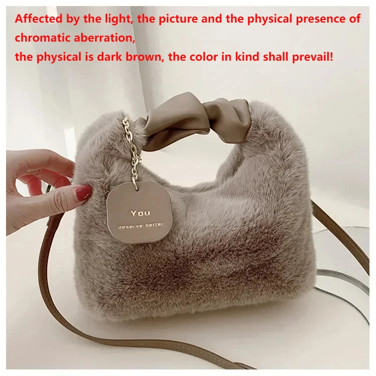 Women Faux Fur Plush Handbags Ruched Handle Small Lady Shoulder Crossbody Bag Casual Tote Half-Moon Hobos Winter Bags for Women