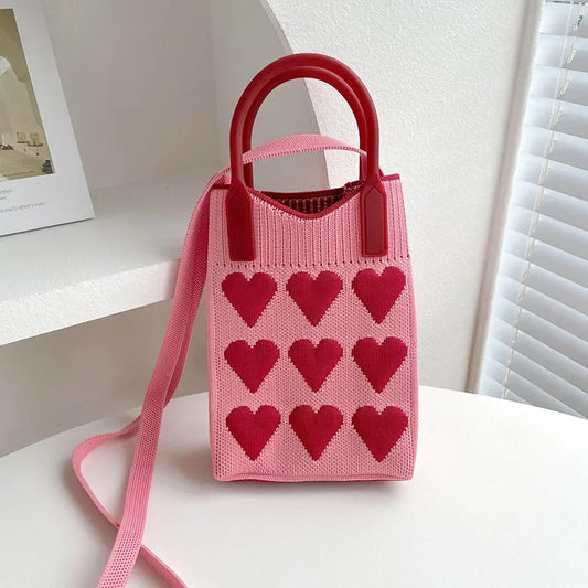 Knit Heart Mini Handbag Crossbody Bag for Women