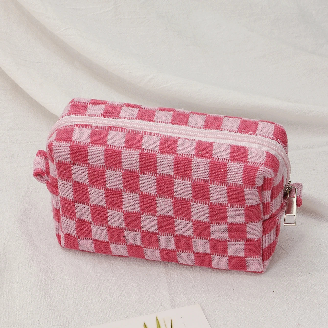 Checkerboard Cosmetic Bag Knitted Toiletry Storage Bag Colorful Makeup Pouch Organizer Checkered Pattern Cosmetic Bag