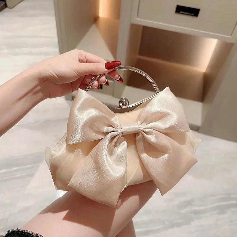 White Satin Bow Evening Clutch Bag with Metal Handle and Chain