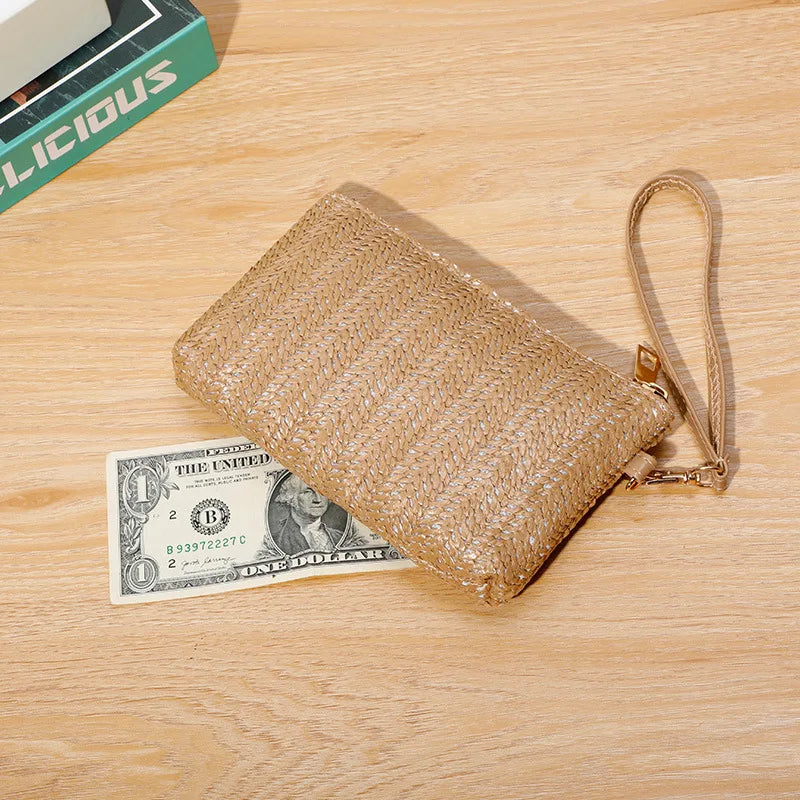 Womens Straw Clutch Bag Bohemian Summer Beach Straw Purse Zipper Wristlet Wallets Simple Phone Pouch Coin Purse Card Holder